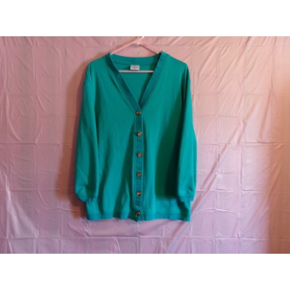 Aileen Vintage Teal Green Cotton Cardigan Gold Crest Buttons USA Made M